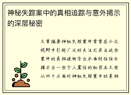 神秘失踪案中的真相追踪与意外揭示的深层秘密